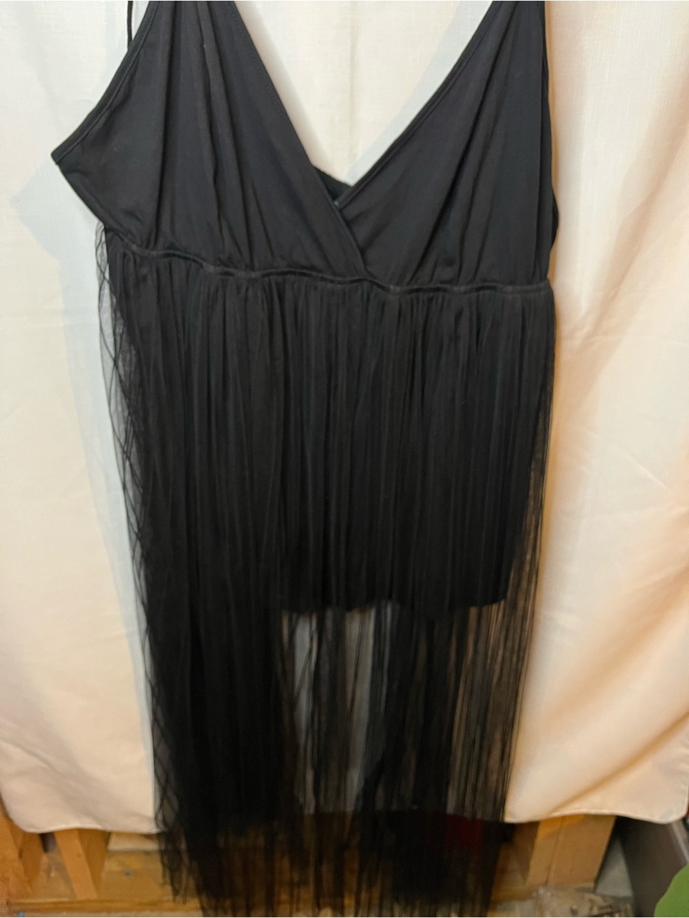SHEIN Black Fringe High-Low Slip Dress with V-Neck